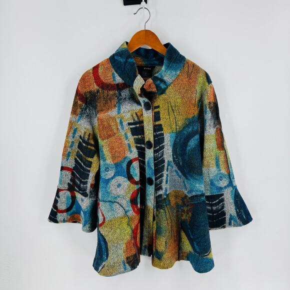 Ali Miles Abstract Print Button Front Bell Sleeve Jacket Boho Artsy Coat Size 2X - Picture 2 of 7